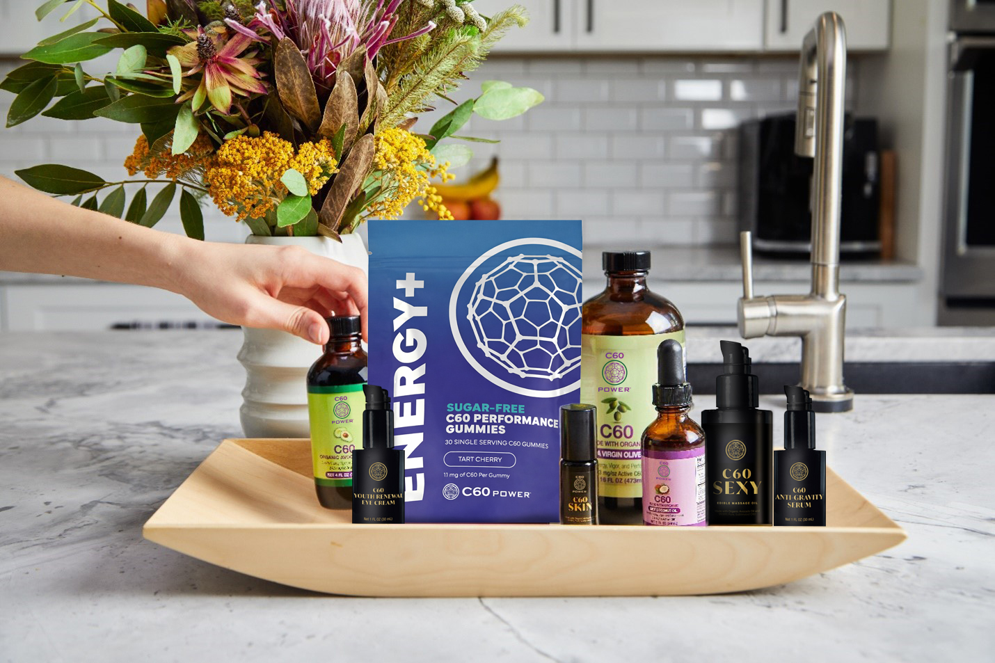 C60 Power products on a serving tray.
