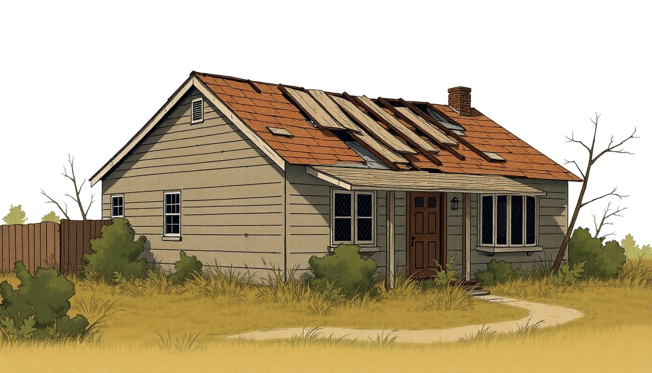 A detailed architectural illustration of a modest single-story home with a partially demolished roof, conveying a sense of neglect and disrepair through muted earth-toned colors and a focus on the damaged structure and overgrown landscaping.