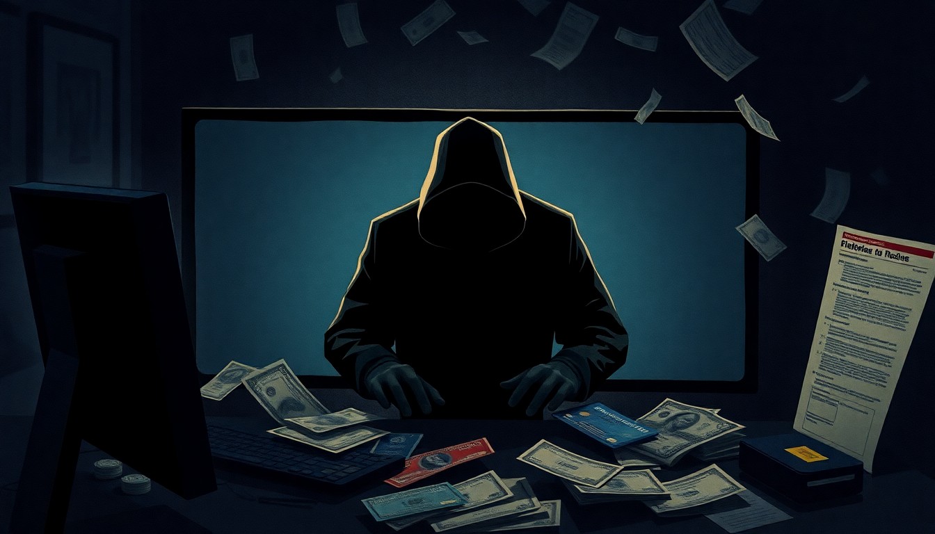 A dramatic, cinematic illustration depicting a shadowy figure on a computer screen, surrounded by scattered credit cards and financial documents, conceptually representing the cybercrime scheme targeting professional athletes.