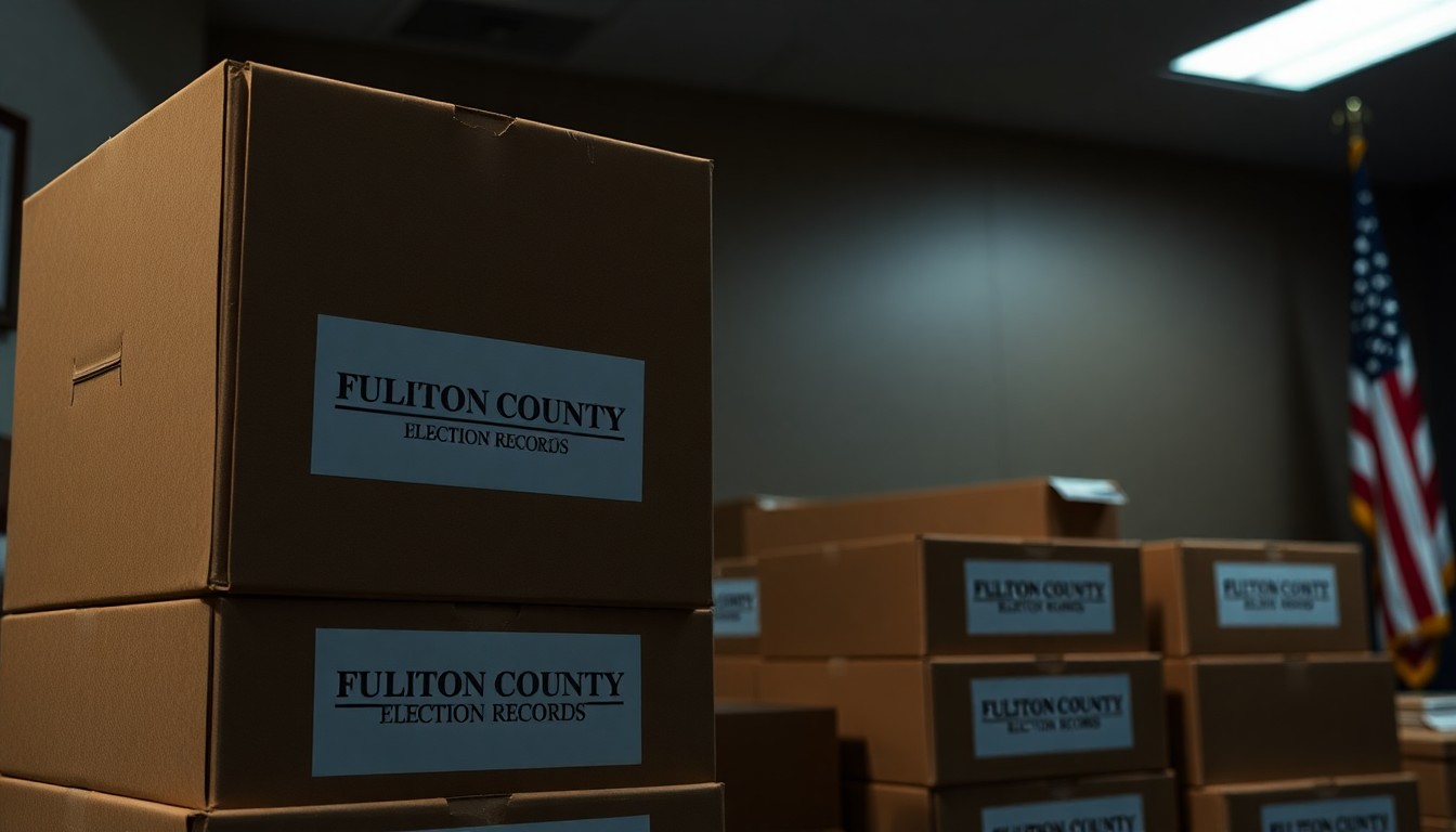 A high-contrast, high-detail photograph of a stack of cardboard boxes labeled with 'Fulton County Election Records' in a dimly lit government office, with an American flag visible in the background, conceptually illustrating the legal dispute over access to the 2020 election materials.