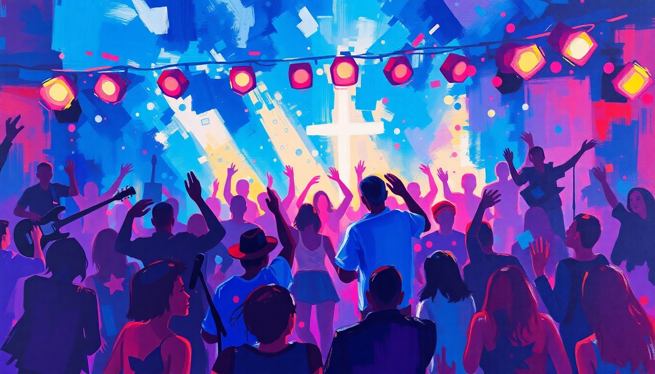 An abstract, impressionistic painting featuring bold, energetic brushstrokes in a rich color palette of blues, purples, and reds, capturing the spirit and energy of a lively musical performance.