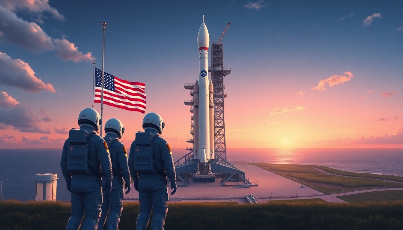 A photorealistic illustration depicting the Artemis II astronauts standing in front of the towering Space Launch System rocket at the Kennedy Space Center launch pad, with the American flag and the Florida coastline visible in the background. The scene captures the excitement and anticipation of this historic mission to return humans to the moon.