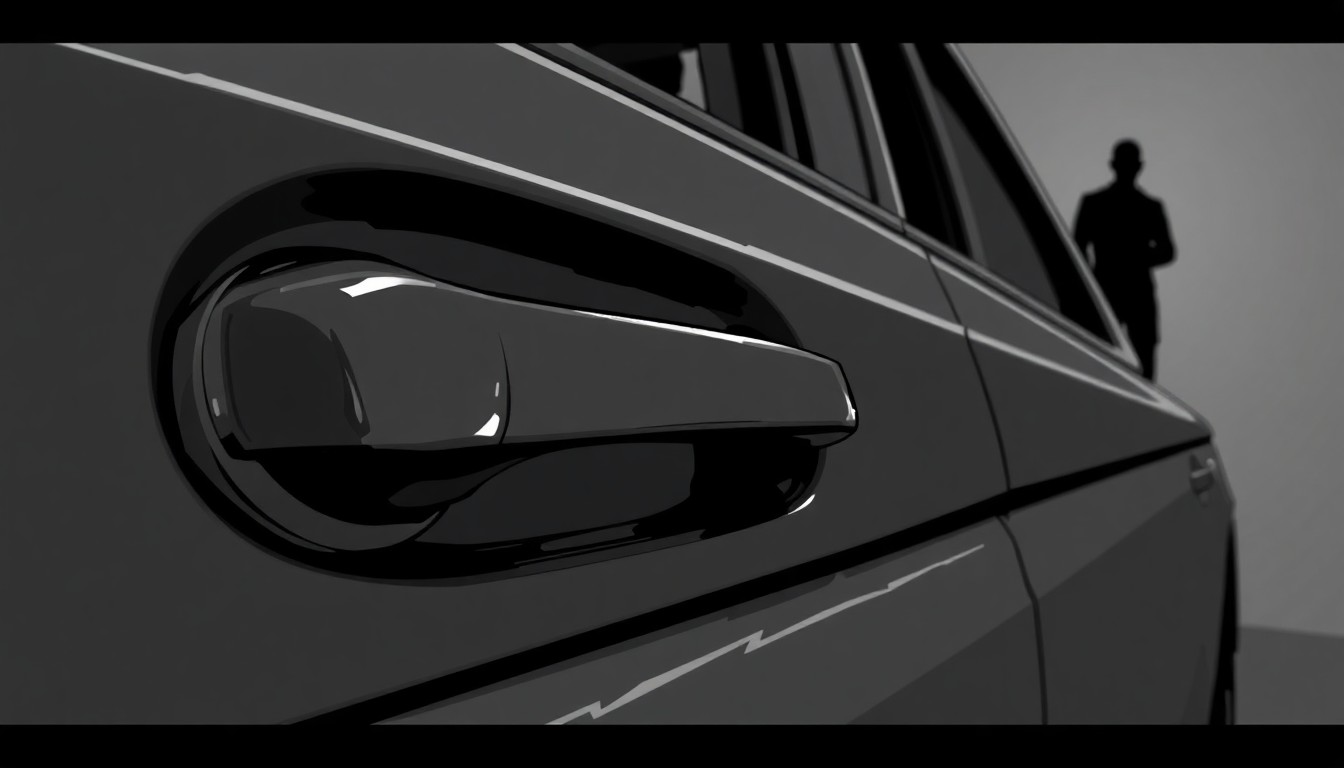 A high-contrast black and white illustration depicting the close-up of a car door handle and lock, with a shadowy figure in the background, conveying a sense of mystery and unease around a recent spate of vehicle break-ins in the local community.
