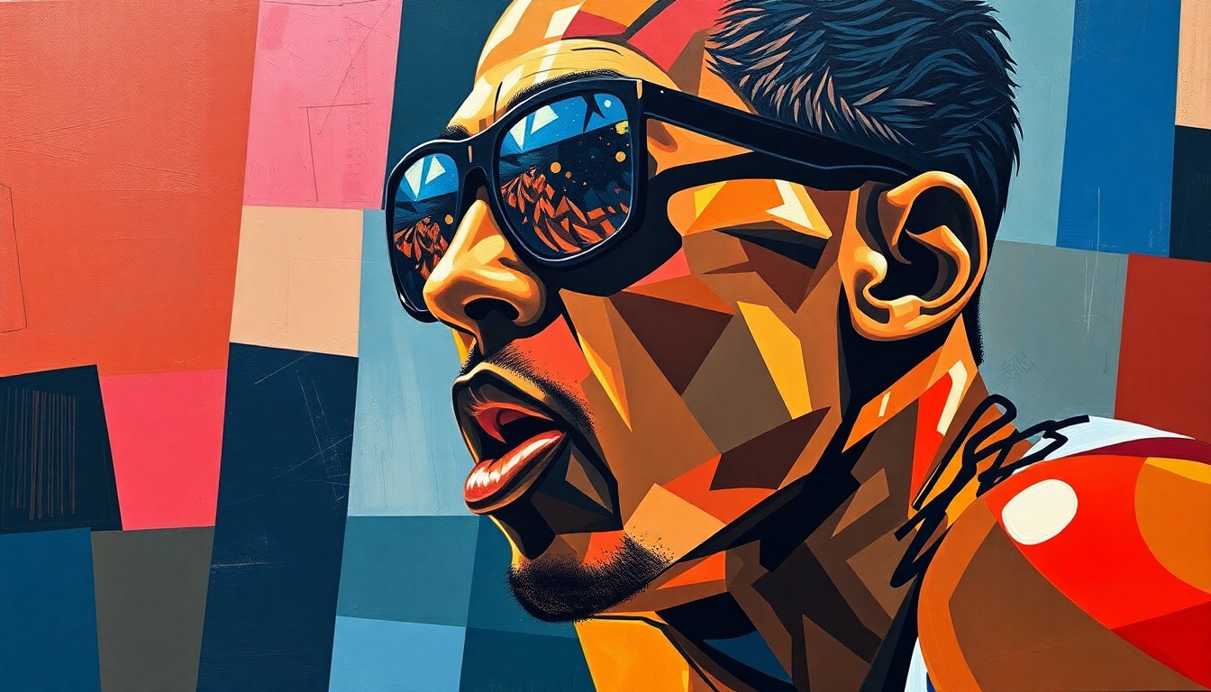 A cubist, geometric painting depicting the intense focus and determination of a basketball player, with their reflection visible in a pair of sunglasses.