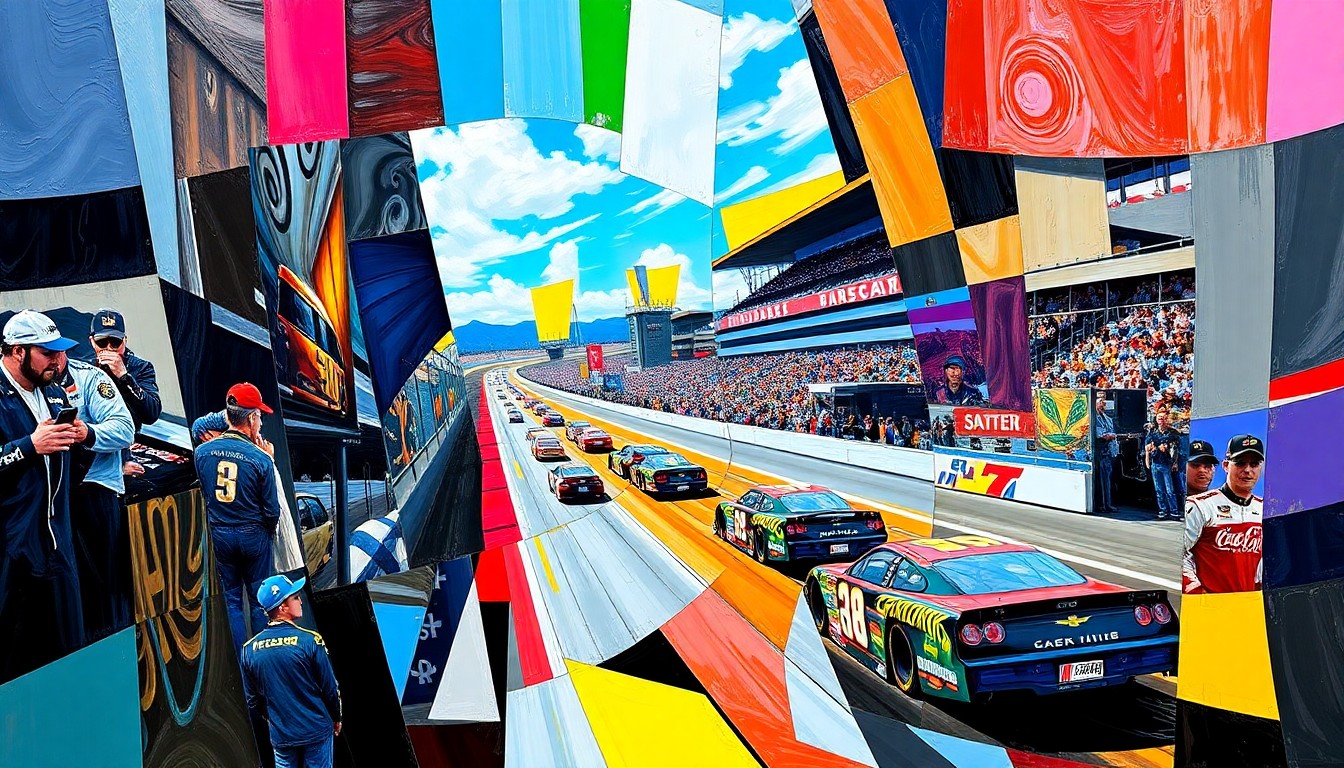 A cubist, geometric painting depicting the NASCAR race at Martinsville Speedway, with overlapping planes of color representing the cars and track.