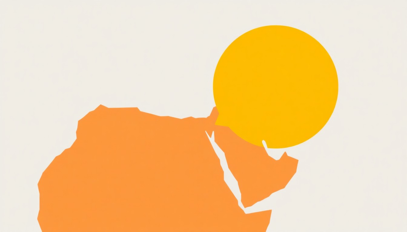 A minimalist illustration using abstract geometric shapes and primary colors to conceptually represent the global economic turmoil caused by the ongoing conflict in the Persian Gulf region.