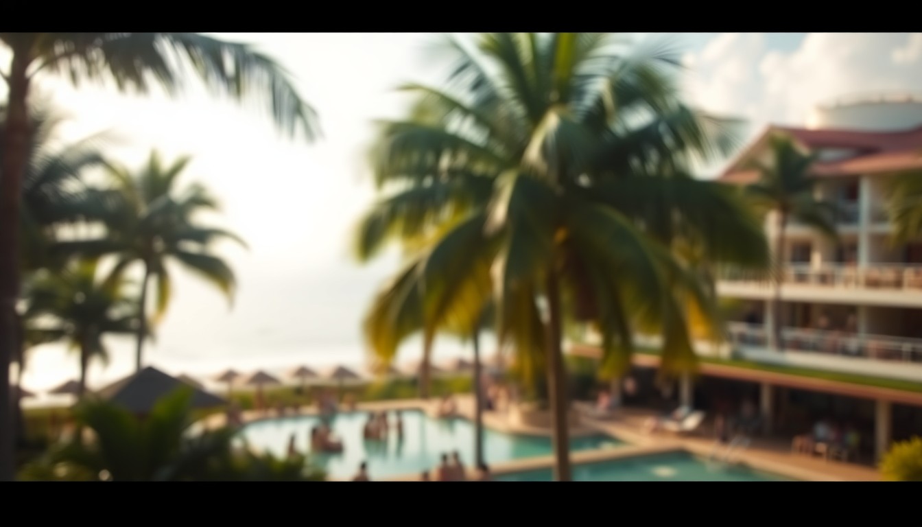 A dreamlike, impressionistic photograph of people relaxing by a pool surrounded by palm trees, captured in a soft, warm glow of light and color.