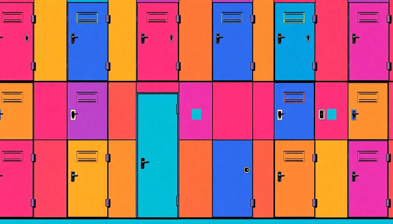 A vibrant, abstract grid of brightly colored, silkscreen-style illustrations depicting a single, iconic school building object, conceptually representing the district's plan to upgrade its facilities.