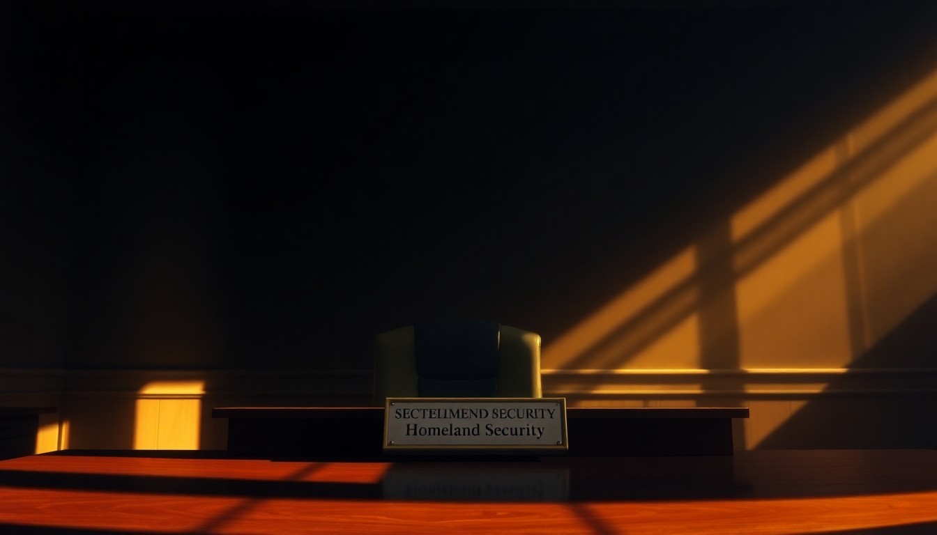 A photorealistic painting of an empty government office desk with a nameplate that reads 'Secretary of Homeland Security', bathed in warm, diagonal sunlight and deep shadows, conveying a sense of transition and contemplation about the changing of the guard in federal leadership.