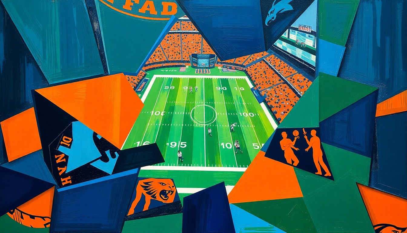 A cubist, geometric painting depicting an NFL football game broken down into sharp, overlapping planes of navy, green, and orange, conveying the high-level discussions and decision-making that occurs at the league's annual owners meeting.