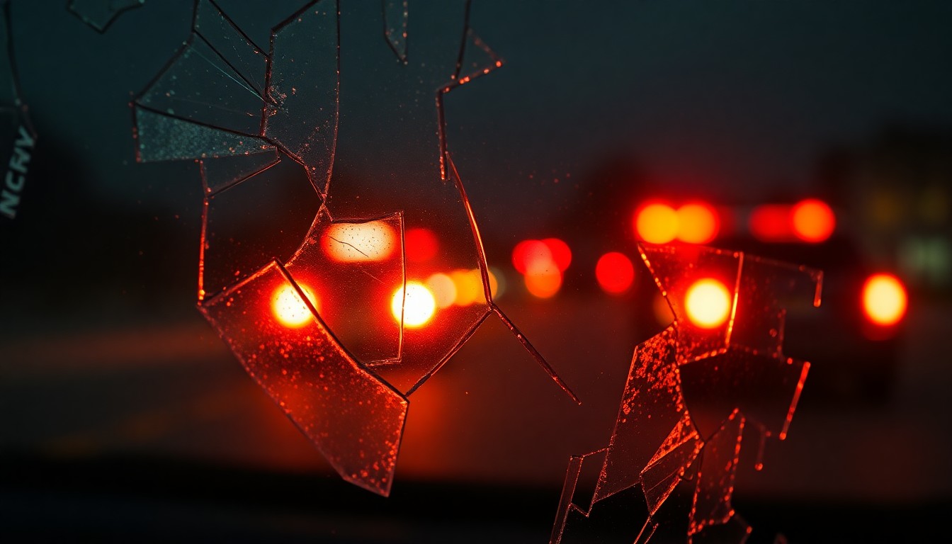An extreme close-up photograph of shattered car window glass reflecting faint emergency vehicle lights, conceptually representing the aftermath of a fatal drunk driving crash.