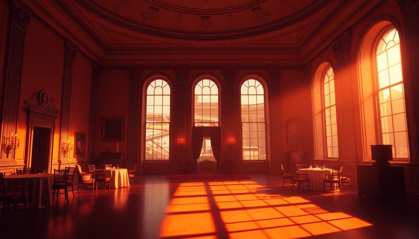 A serene, cinematic painting of the White House ballroom interior, with warm sunlight streaming through the windows and deep shadows, suggesting a sense of mystery and hidden activity beneath the surface.
