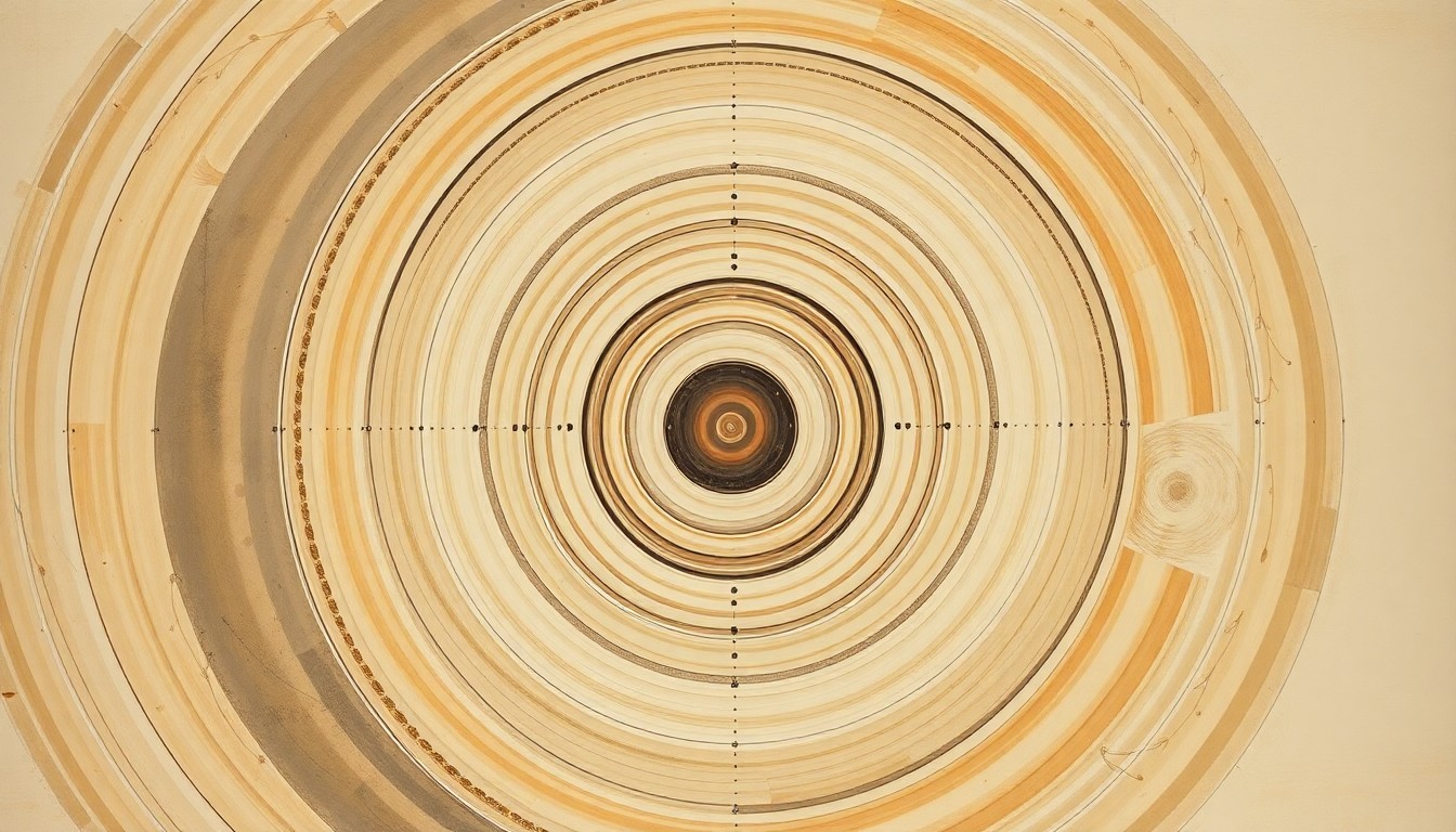 A highly abstract, textured painting in muted greens, browns, and blues, featuring sweeping geometric shapes, concentric circles, and precise botanical spirals, conveying the structural imbalance and disruptive forces of invasive species.