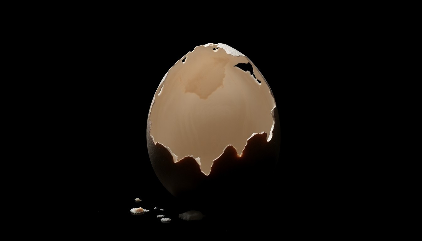 An extreme close-up photograph of a cracked and shattered Easter egg shell, the harsh lighting and dramatic shadows conveying a sense of gritty investigation into the darker side of the Easter season.