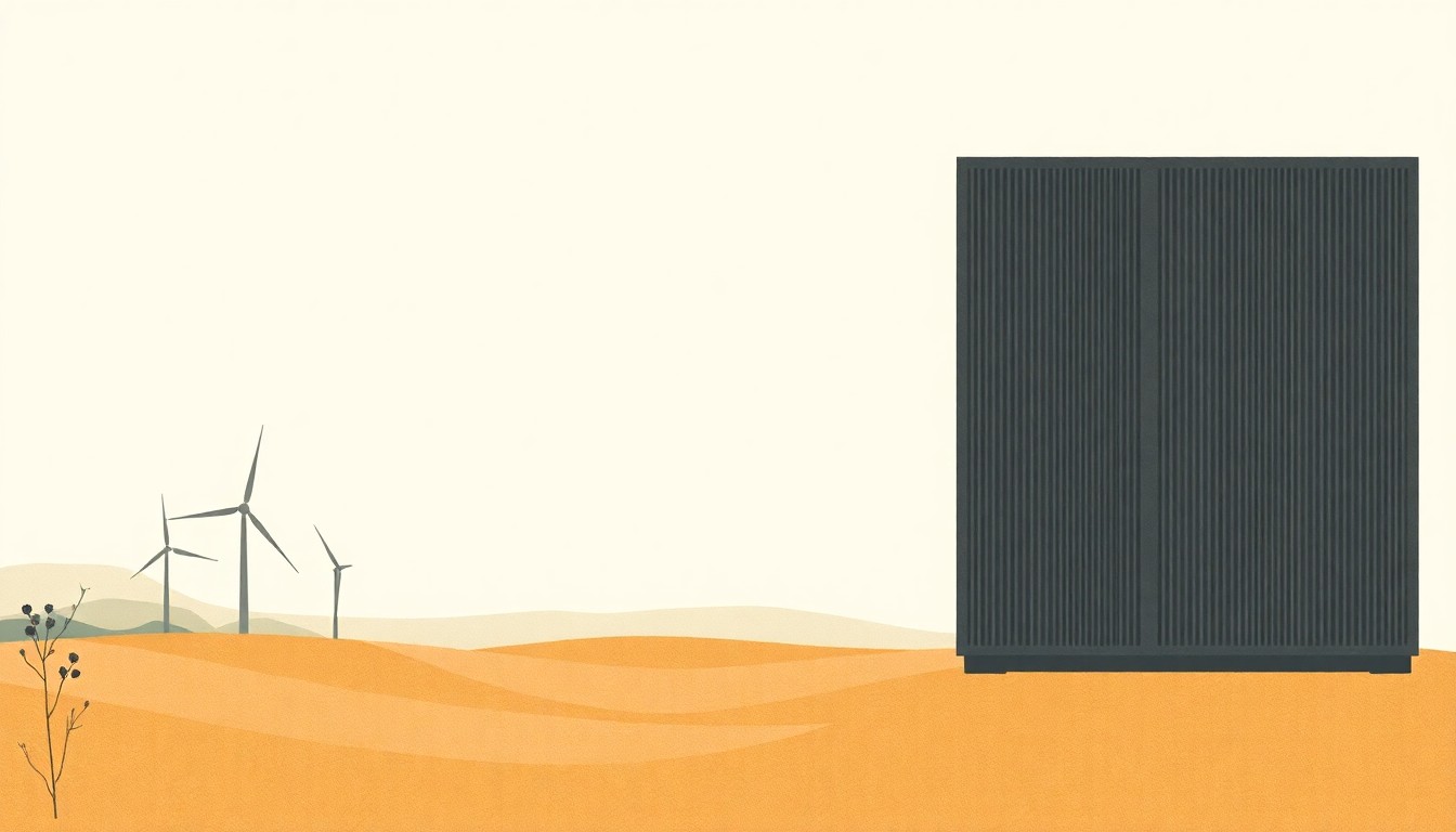 A geometric abstract illustration using simple shapes and muted earth tones to conceptually represent the tension between renewable energy and data center development.