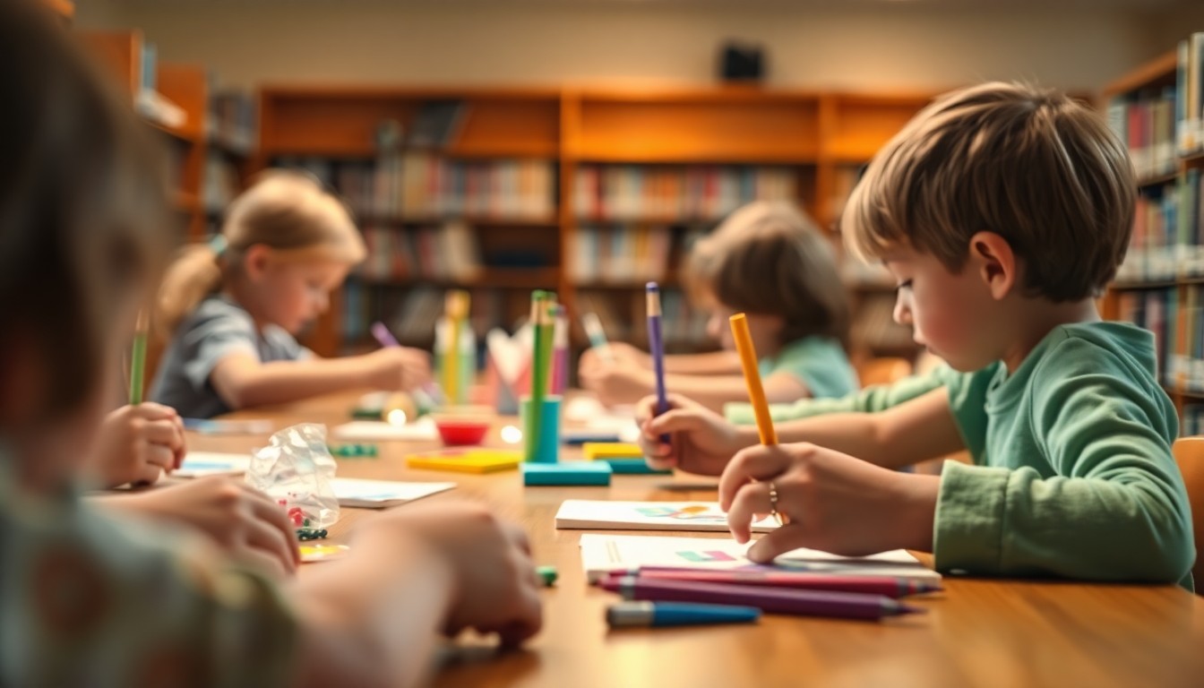 An abstract, impressionistic photograph showing the blurred, colorful hands of children working on craft projects at a library table, conveying a sense of playful creativity and community.