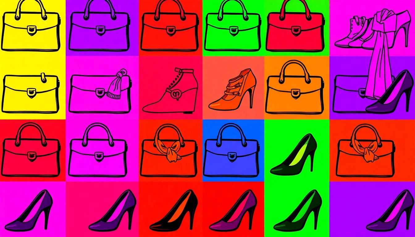 A highly stylized, abstract grid of a single fashion accessory such as a handbag or scarf, rendered in a bold, neon color palette with heavy black outlines, conceptually representing the revitalization of a beloved local boutique.