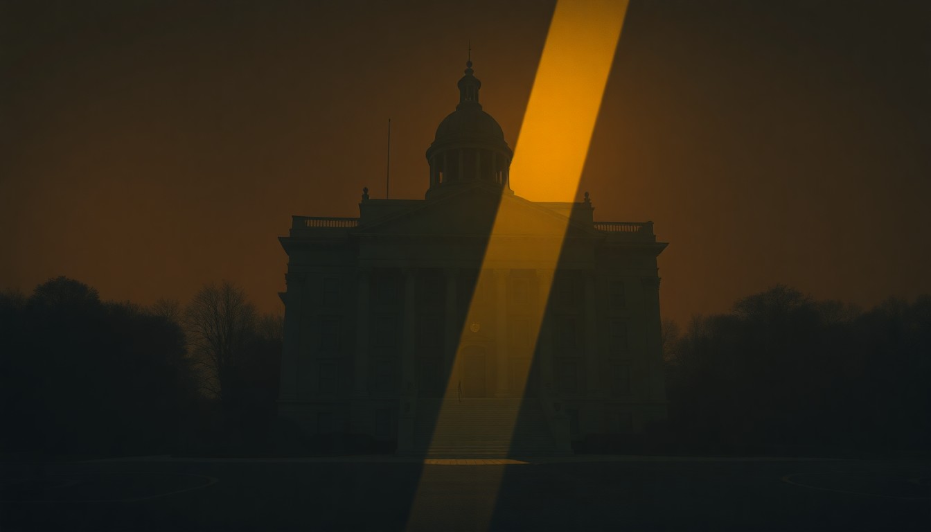 A serene, painterly depiction of a government building in warm, golden light, conveying a sense of civic duty and community engagement.