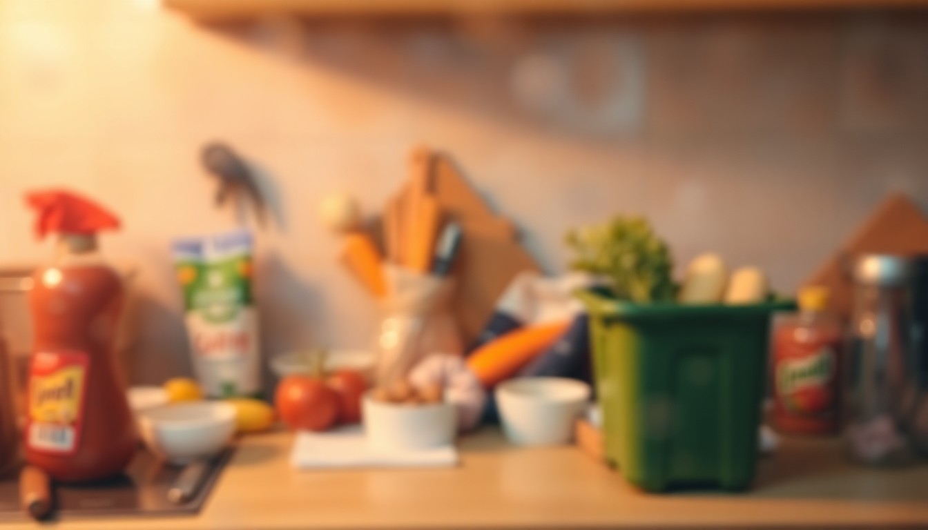 An abstract, impressionistic photograph showing a blurred kitchen counter with various food items and a small compost bin, captured in soft, warm pools of light and color to convey the atmospheric mood of the new food waste collection program.