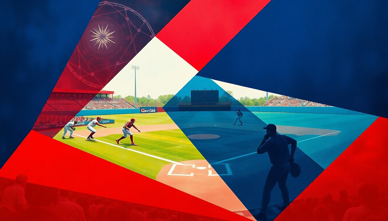 A dynamic, abstract painting depicting a college baseball game broken down into sharp, overlapping geometric shapes and planes in a bold color palette, capturing the energy and intensity of the competition.