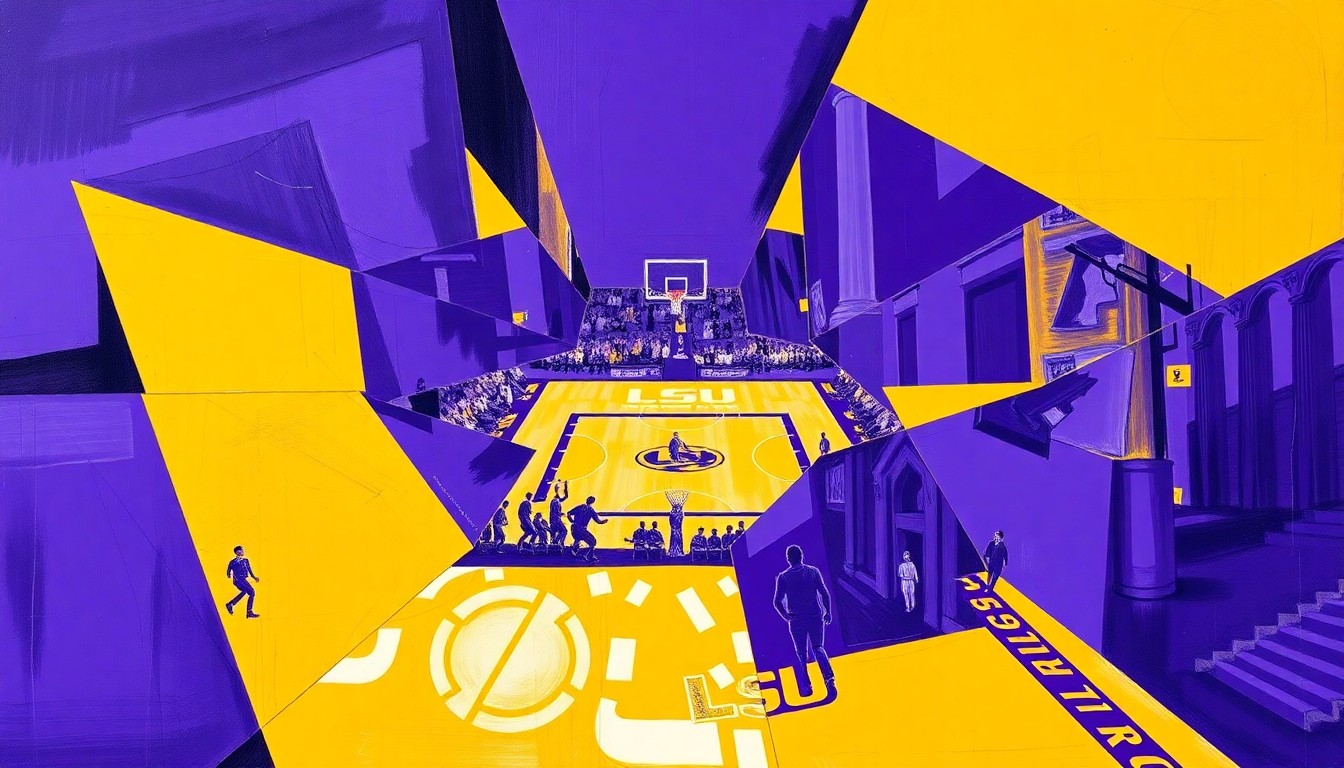 A fragmented, cubist-style painting depicting a basketball game or match, with the players and court broken down into sharp, overlapping geometric shapes in purple and gold hues, representing the changing landscape of college sports.