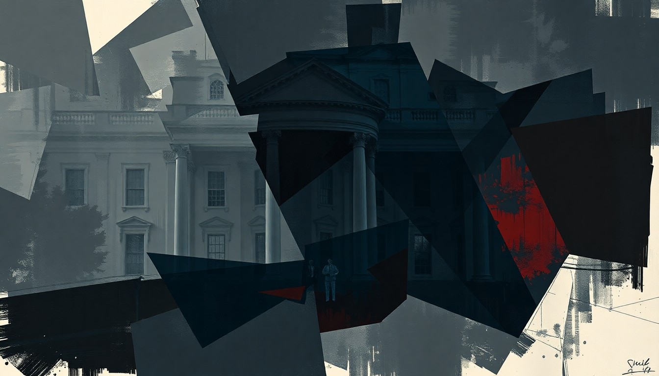 A dynamic, fragmented painting in shades of grey, blue, and red depicting the White House Ballroom, conveying a sense of tension and fortification through its fractured, geometric style.