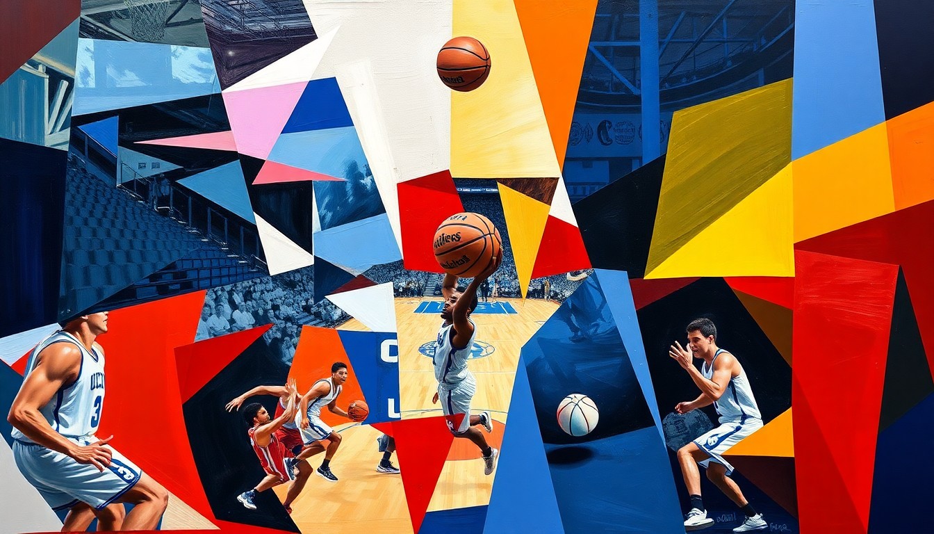 A cubist, geometric painting depicting the final seconds of a basketball game, with the players and ball broken down into sharp, overlapping planes of color and form, capturing the raw energy and drama of the moment.