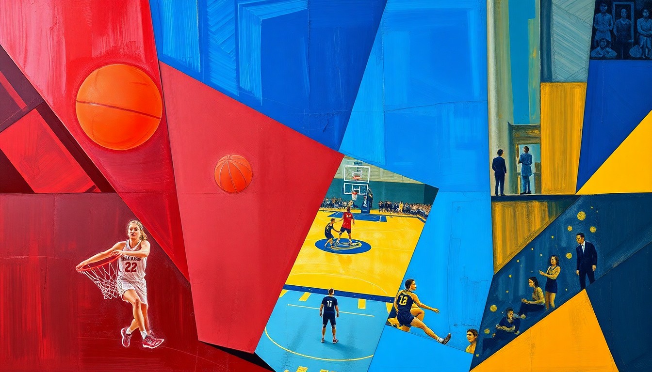 A fragmented, cubist-style painting depicting the dynamic movements and energy of a women's basketball game, with sharp geometric shapes and planes in a vibrant color palette.