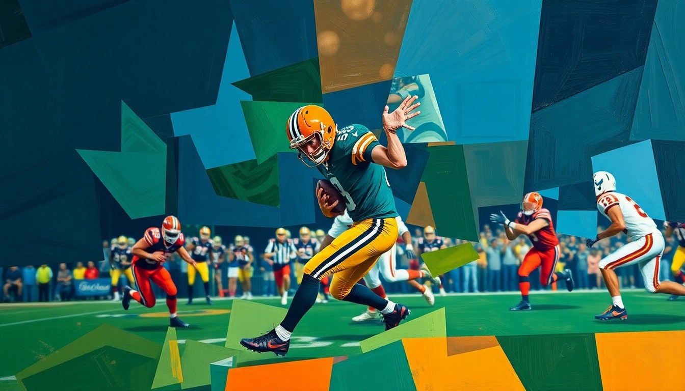 A cubist, geometric painting depicting a football quarterback in motion, with the player's form fractured and abstracted into overlapping angular shapes in shades of blue, green, and orange.
