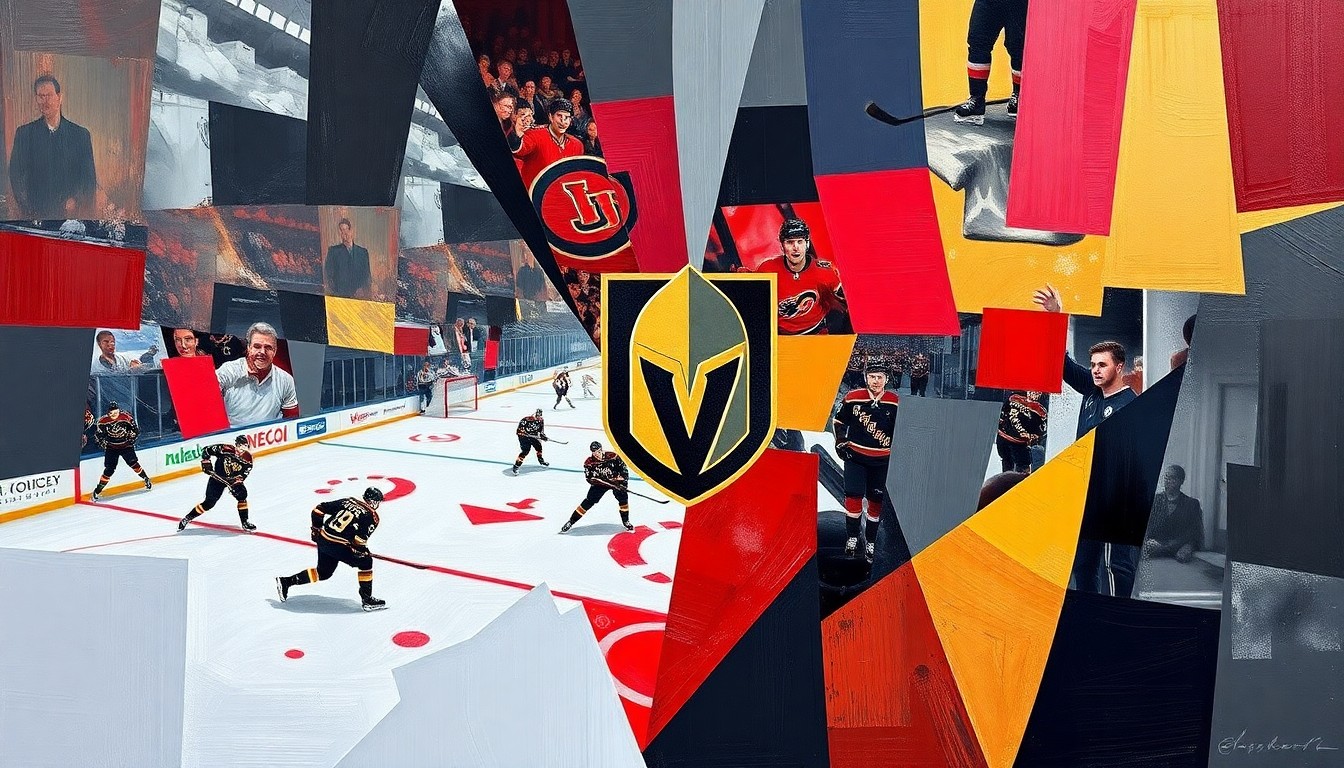 A cubist, geometric painting depicting a fragmented hockey game or match, with sharp planes of steel gray, red, and gold representing the official colors of the Vegas Golden Knights. The abstract, deconstructed style captures the sense of upheaval and uncertainty surrounding the team's coaching change.