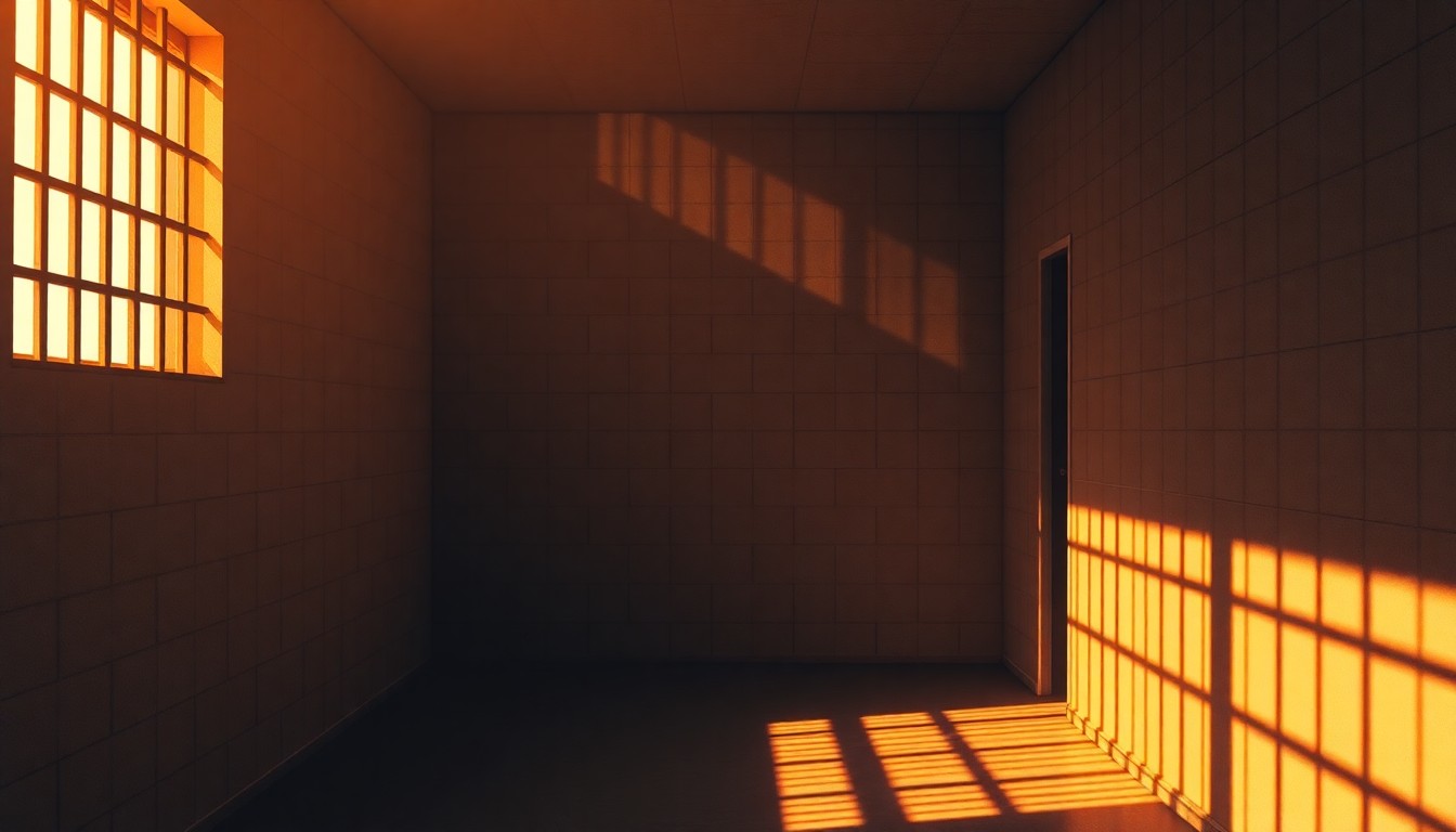 A dimly lit, cinematic painting of an empty detention cell with warm, diagonal sunlight streaming through a barred window, conveying a sense of melancholy and isolation.