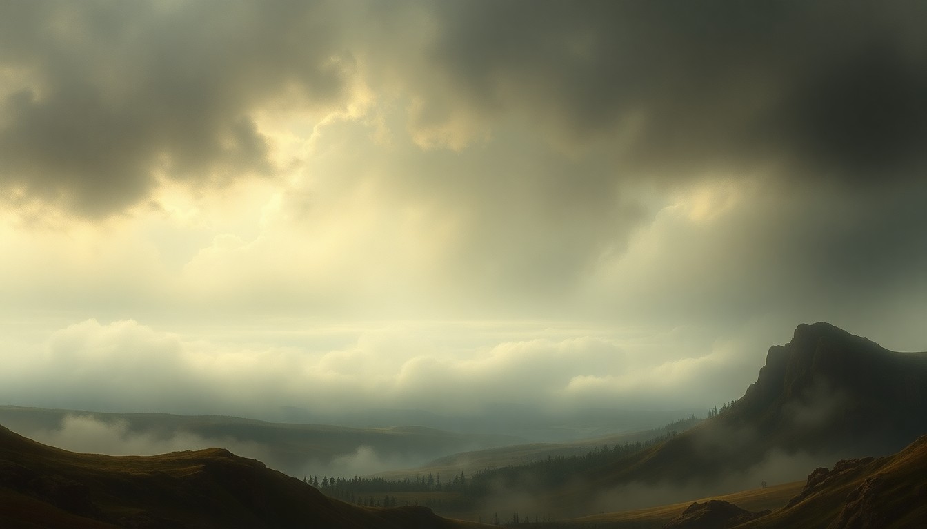A sweeping, atmospheric landscape painting in muted tones of gray, blue, and green, with a distant horizon obscured by heavy fog, conveying a sense of the sublime power of nature.
