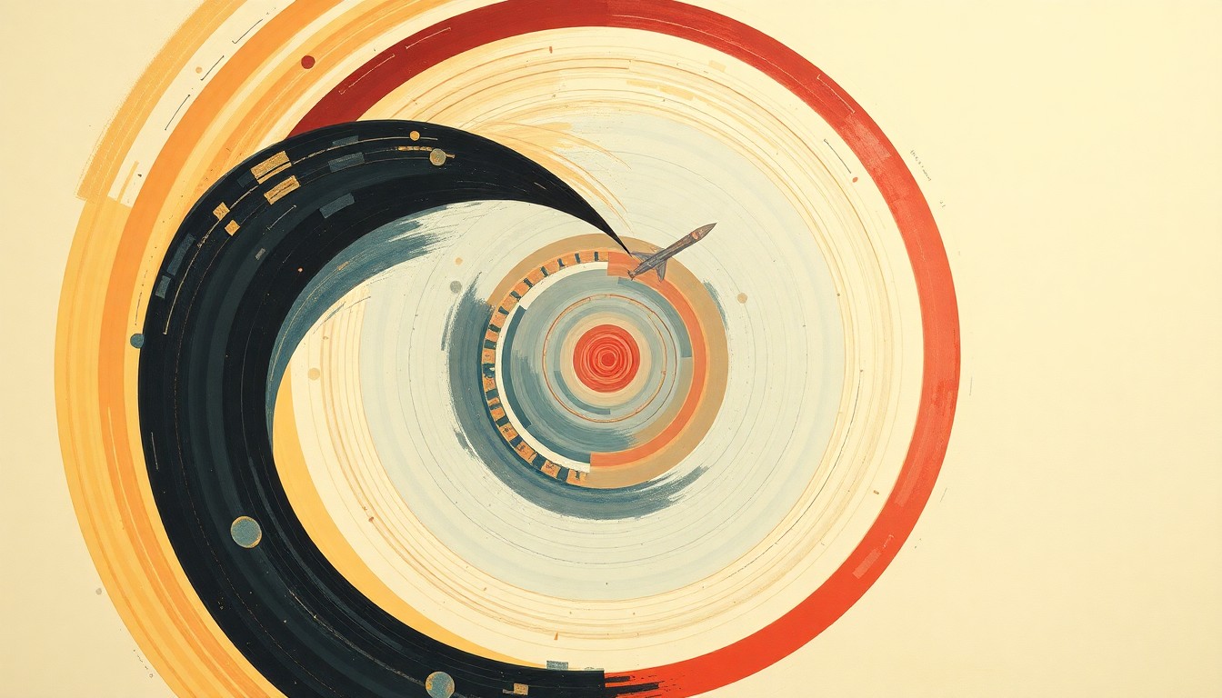 A highly textured, abstract painting in soft blues, greens, and oranges, featuring sweeping geometric arcs, concentric circles, and precise spirals, conceptually representing the powerful rockets and spacecraft of the Artemis moon program.