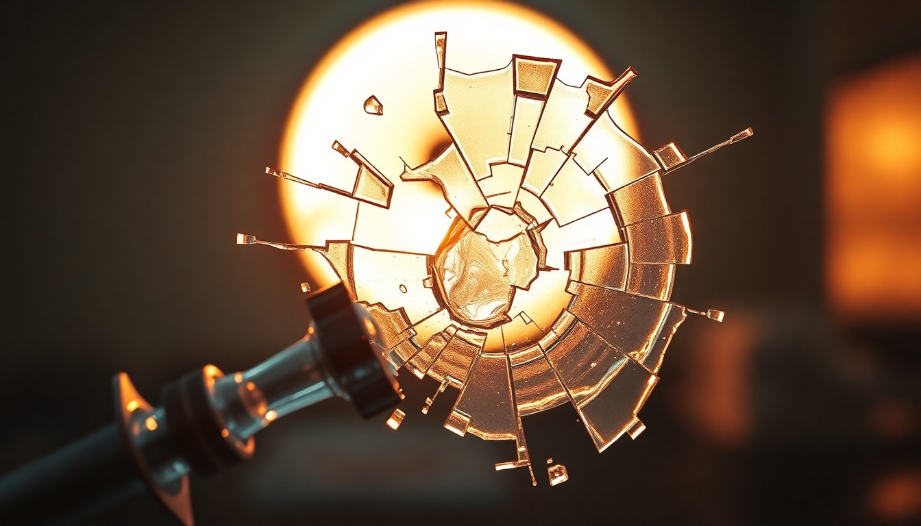 An abstract close-up photograph of a shattered glass medical instrument reflecting a warm, glowing light, conveying the emotional intensity and high-stakes drama of a trauma center.