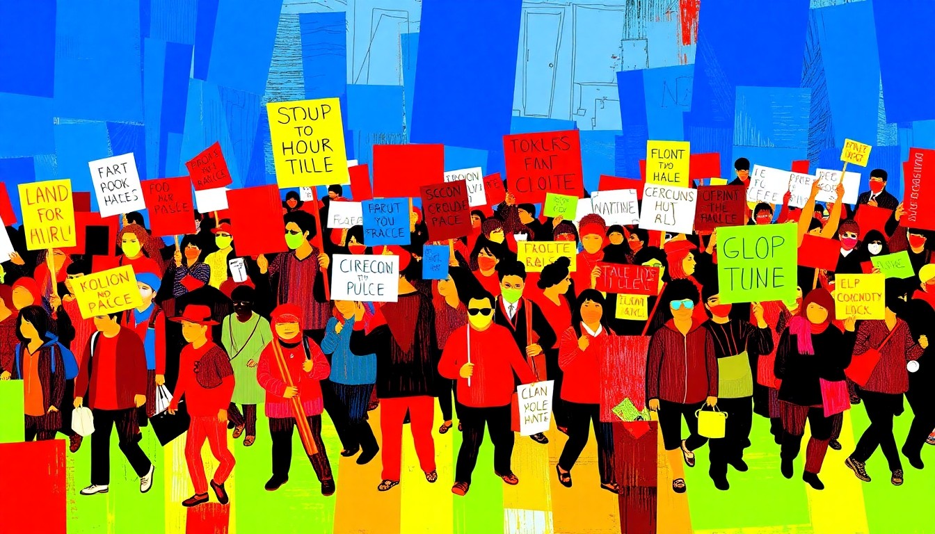 A dynamic, fragmented painting depicting a crowd of protesters marching, with bold, overlapping geometric shapes and brushstrokes in vibrant colors conceptually representing the fractured, emotion-driven nature of the demonstrations.
