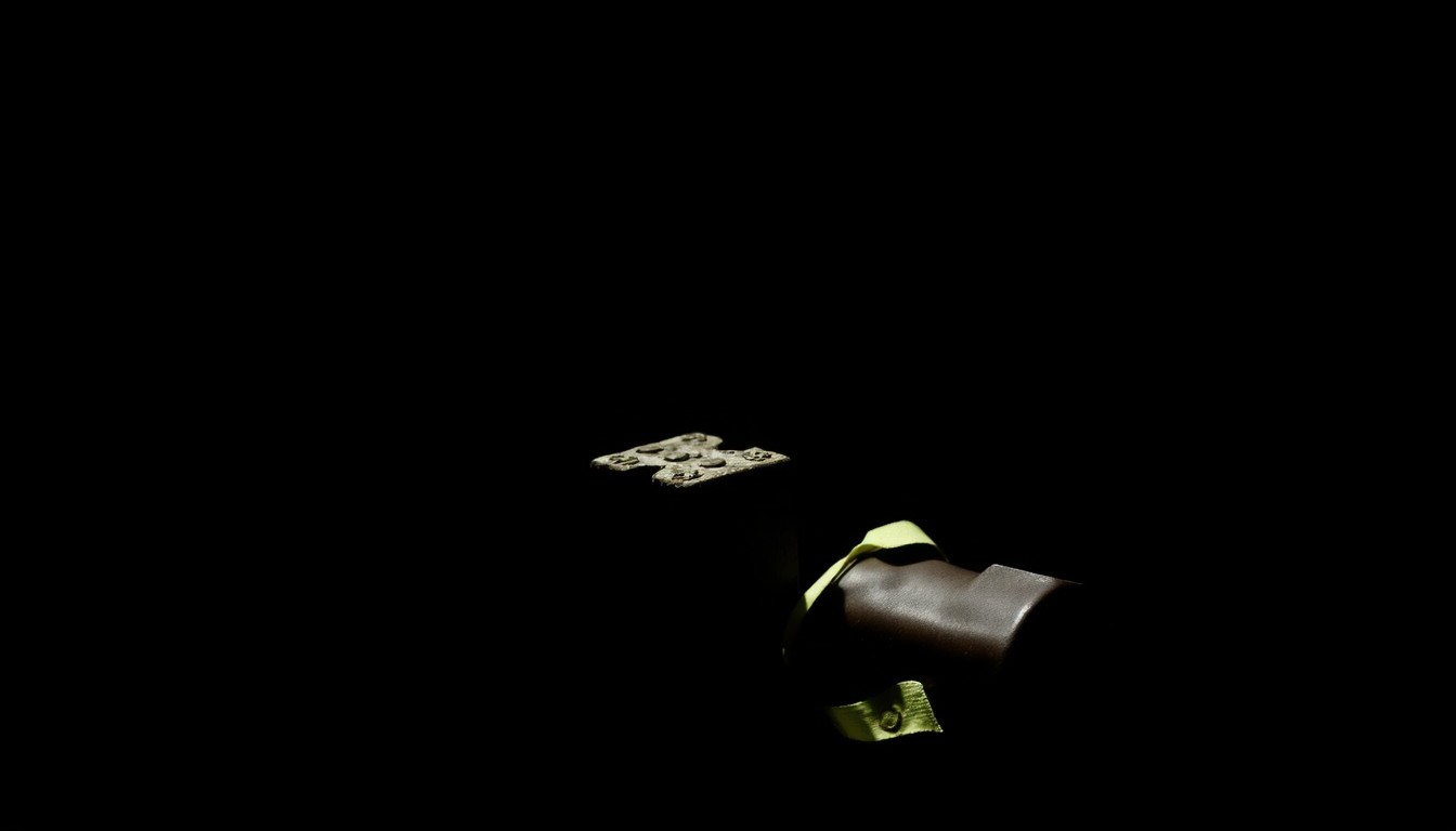An extreme close-up photograph of a damaged fence post or discarded satchel, lit by a harsh, direct camera flash against a pitch-black background, conceptually representing the physical evidence at the center of the Doniphan police investigations.