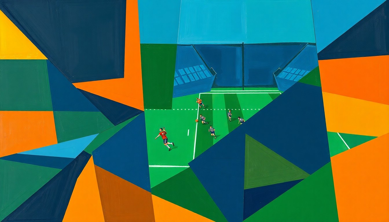 A fractured, geometric painting depicting a football game broken down into overlapping planes of navy, green, and orange, conveying the disruption that replacement officials could bring to the sport.