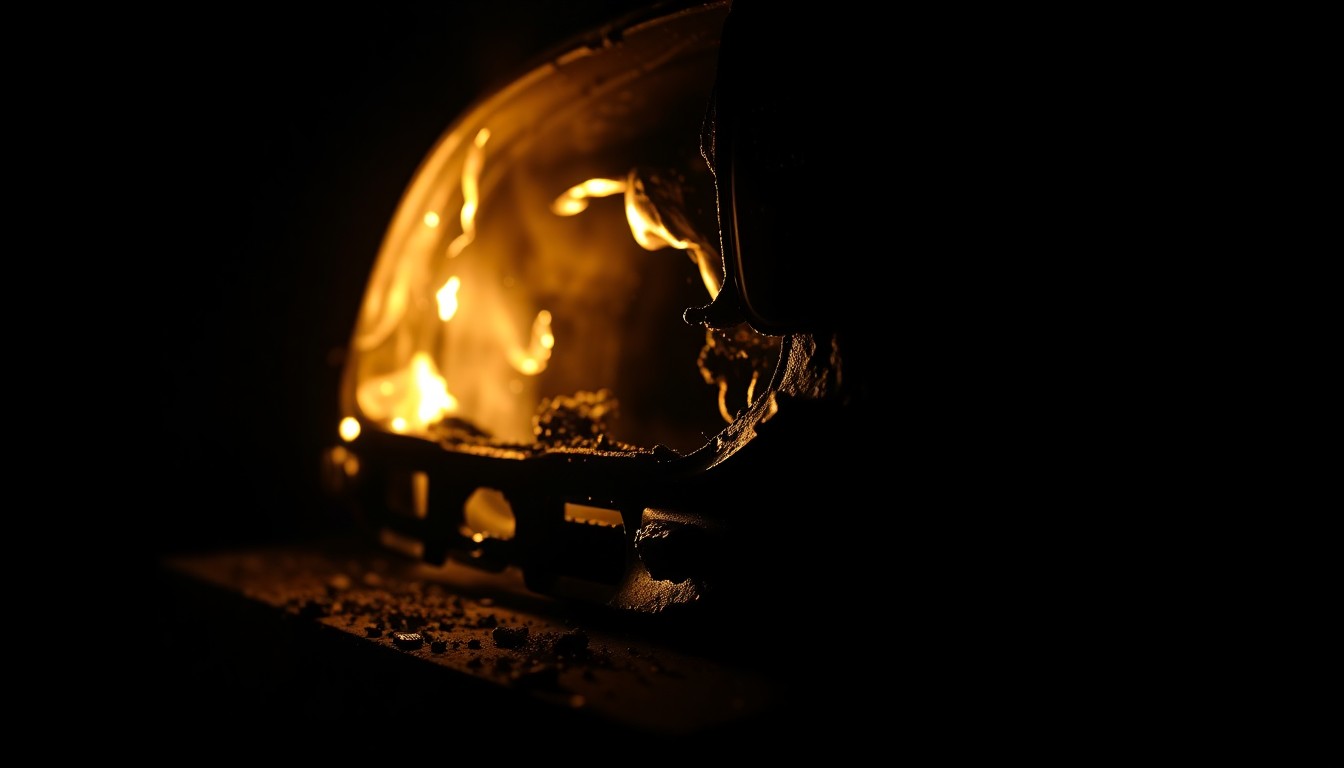 An extreme close-up photograph of a charred car part or piece of melted plastic, conveying the stark, gritty aftermath of the vehicle fire through dramatic lighting and texture.