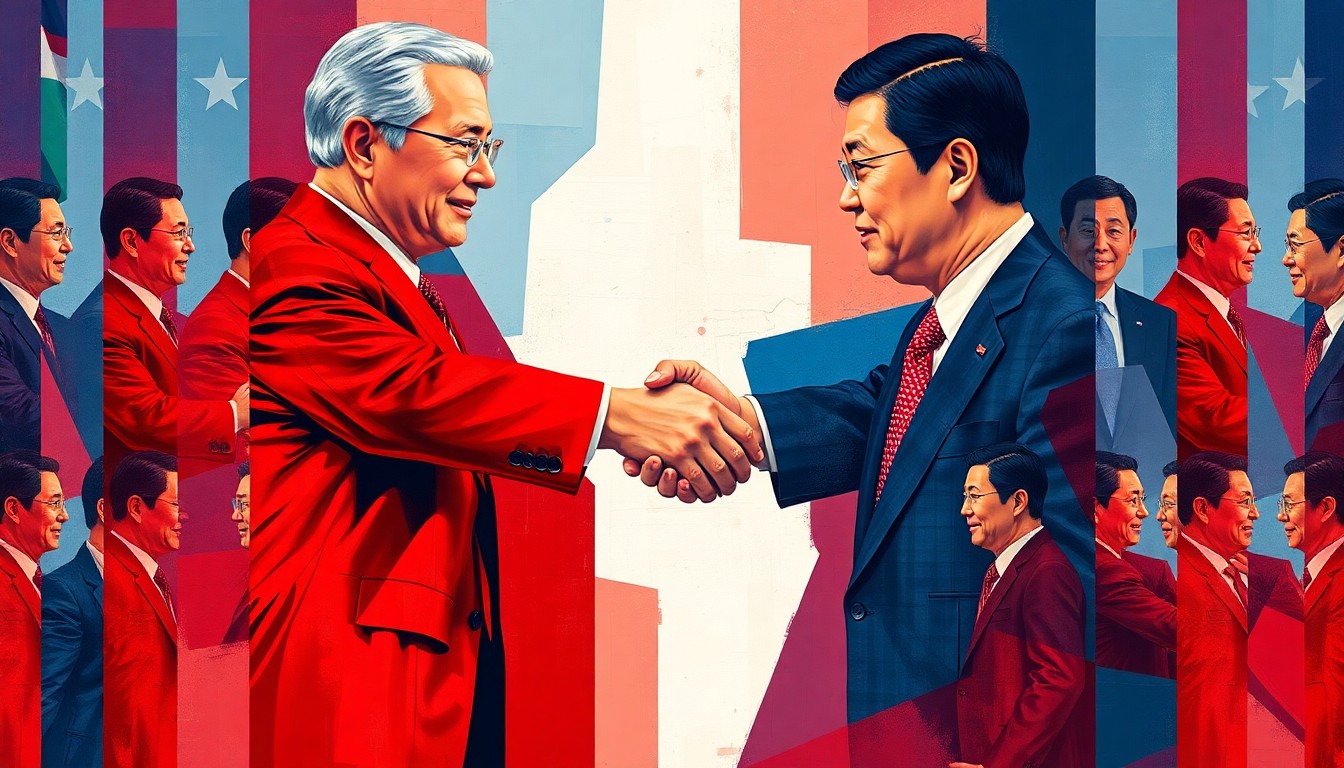 A dynamic, abstract painting featuring overlapping, fragmented figures of a U.S. senator and a Taiwanese legislator shaking hands, conveying the political tensions and urgency surrounding the visit.