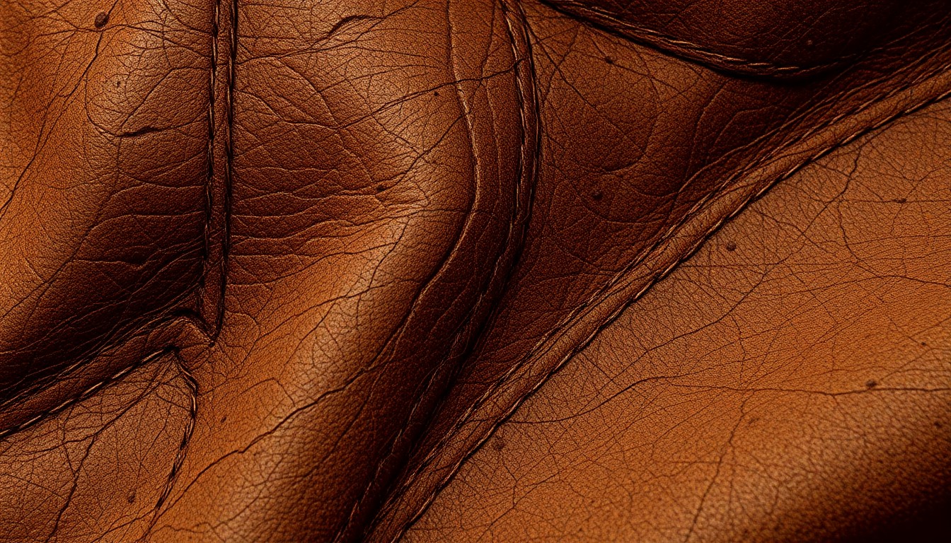An abstract close-up photograph of a weathered, textured leather surface in shades of brown and tan, conveying the rugged aesthetic of the American West that is central to the appeal of the Yellowstone television series.