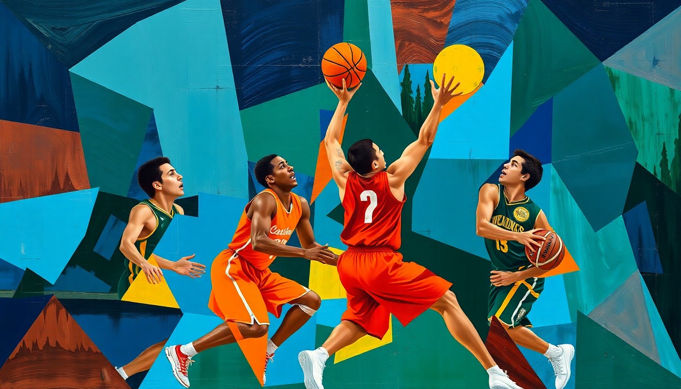 A fractured, geometric painting depicting the abstracted forms of basketball players in motion, rendered in a vibrant color palette of blues, oranges, and greens, conceptually representing the shift in college basketball coaching.