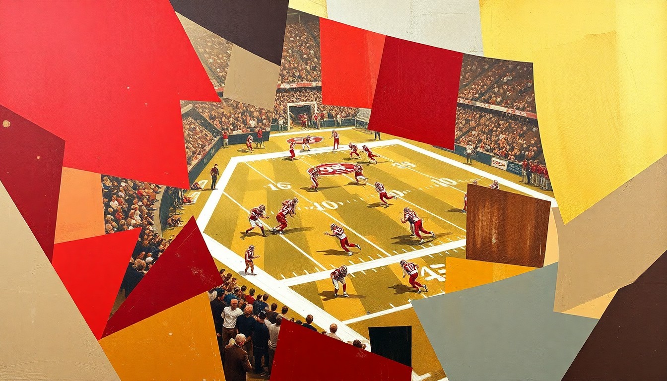 A cubist, geometric painting depicting a fragmented, multi-angled view of a football field or training facility, using the 49ers' team colors to conceptually represent the organization's investigation into potential environmental factors behind player injuries.