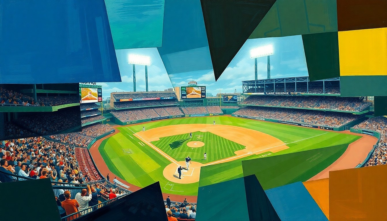 A cubist-style painting featuring overlapping geometric shapes and planes in shades of green, blue, and red, conceptually representing the complex strategic decisions and competing forces at play in a baseball lineup.