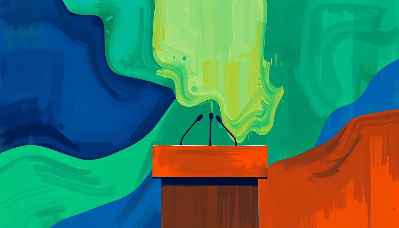 A vibrant, abstract painting featuring overlapping, geometric shapes in shades of blue, green, and orange, conceptually representing the energy and dynamism of a political campaign.