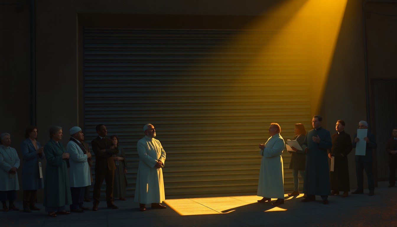 A serene, cinematic painting depicting a group of people gathered in front of a large metal garage door, their faces and figures obscured by warm, dramatic lighting and shadows, conveying a sense of quiet protest and civic resistance.