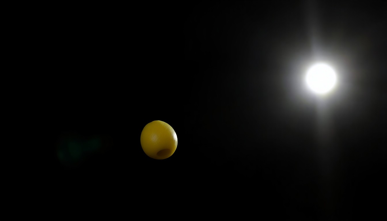 An extreme close-up photograph of a single olive with the pit still in it, lit by a harsh, direct camera flash against a pitch-black background, conveying the somber and contemplative nature of a condemned prisoner's final moments.