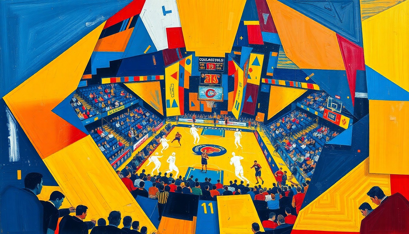 A fragmented, cubist-style painting depicting a Colorado Buffaloes basketball game, with the players and court broken down into sharp, overlapping geometric shapes in vibrant shades of blue, gold, and red, conveying the team's need for a strategic, multifaceted approach to rebuilding after key losses.