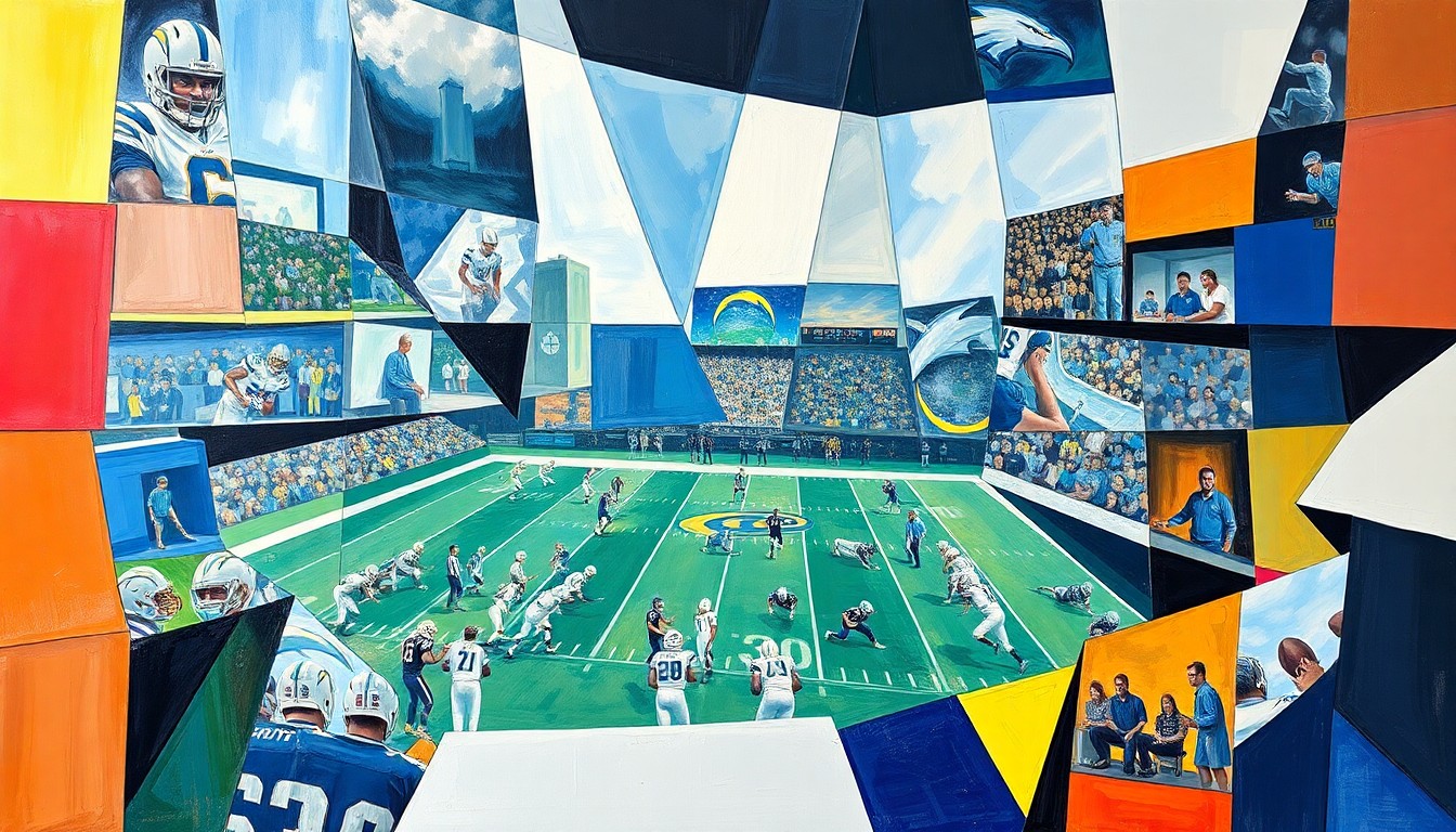 A cubist-style painting depicting a fragmented, geometric representation of a Chargers football player or game, with sharp, overlapping planes of color and form conveying the team's offseason changes.