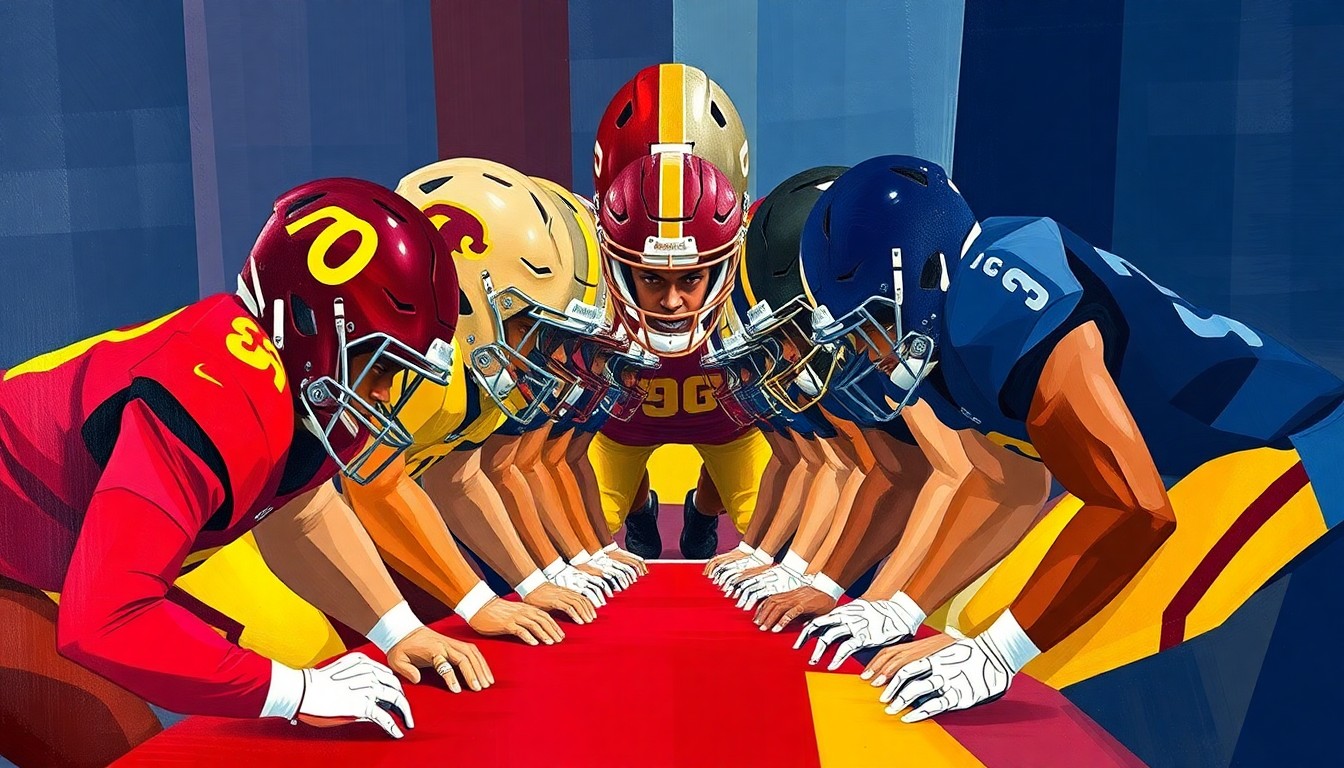 A fragmented, cubist-style painting depicting the chaotic action of a college football offensive line, with sharp geometric shapes in USC's cardinal red, gold, and navy blue colors.