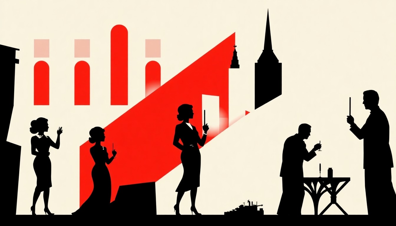 A striking abstract composition of jagged geometric shapes in bold red and white, conceptually representing the ornate, high-society world of 'The Gilded Age' without any literal imagery.